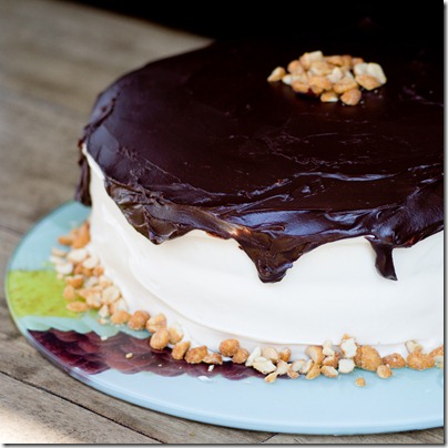 Peanut Butter Cake with Salted Caramel Cream Cheese Icing & Chocolate Ganache