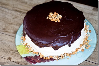 Peanut Butter Cake with Salted Caramel Cream Cheese Icing & Chocolate Ganache