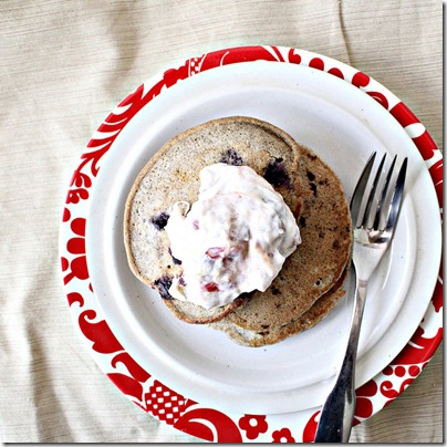 Blueberry Buckwheat Pancakes with Roasted Cardamom-Vanilla Rhubarb Compote