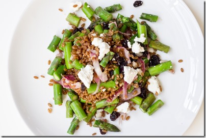 Asparagus salad with Wheat Berries, Raisins and Pickled Onions